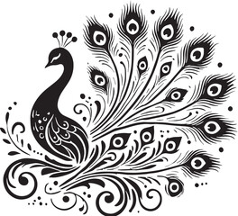 Black Color Peacock Silhouette Vector Illustration, Solid White Background. minimal vector design