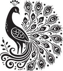 Black Color Peacock Silhouette Vector Illustration, Solid White Background. minimal vector design