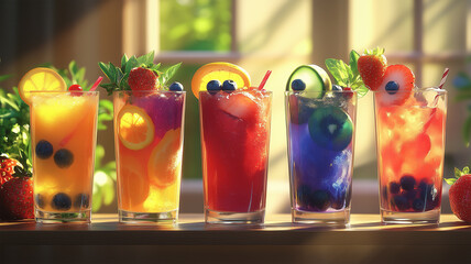 フルーツジュースが並ぶグラス