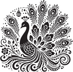 Black Color Peacock Silhouette Vector Illustration, Solid White Background. minimal vector design