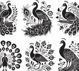 Black Color Peacock Silhouette Vector Illustration, Solid White Background. minimal vector design