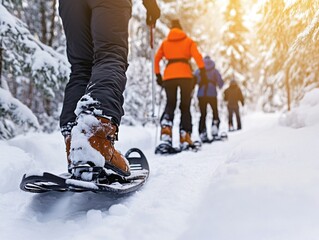 Eco tourists enjoying snowshoeing adventure in picturesque winter landscape