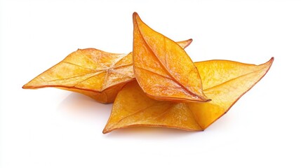 Fototapeta premium A collection of dried fruit pieces arranged on a white surface against a clean white background, showcasing their vibrant colors and textures.