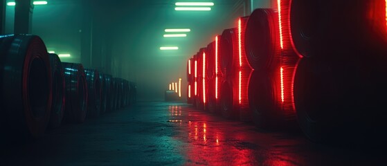 Stacks of Industrial Metal Rolls Illuminated in Red Light