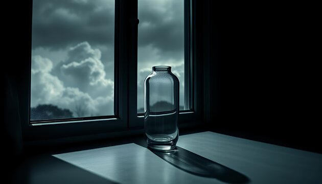 Empty Glass Jar on Windowsill Against a Stormy Sky: A Study in Solitude and Minimalism