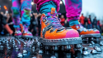 A close-up shot of colorful and stylish shoes splashing through puddles at a vibrant event, radiating fun and artistic flair while capturing the essence of lively street fashion.