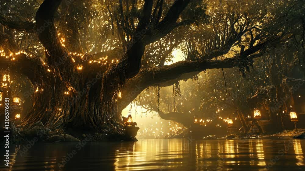 Poster warm glow of lanterns illuminates ancient tree by serene river during twilight hours in magical fore
