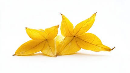 Fototapeta premium Two yellow fruits rest on a clean white surface, showcasing their vibrant color and smooth texture in a minimalist presentation.