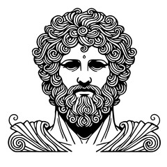 Ancient God Bust: A detailed line art illustration depicting the face of a mythical deity, characterized by a long, flowing beard, intricate curls, and a single dot on the forehead.  