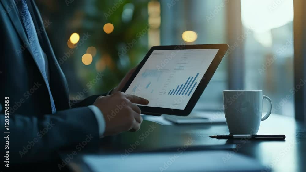 Aufkleber businessman reviewing investment data and growth charts on a digital tablet, working late in a moder
