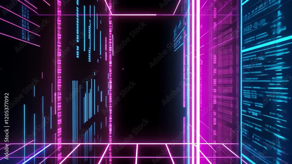 Poster neon lit corridor with glowing lines creates a futuristic, digital atmosphere emphasizing technology
