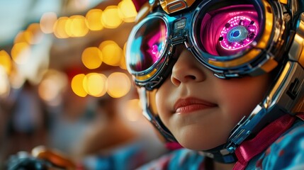 A stylish child wearing futuristic goggles stands amid glowing bokeh lights, exuding a sense of wonder and excitement, symbolizing youthful imagination and the future of technology.