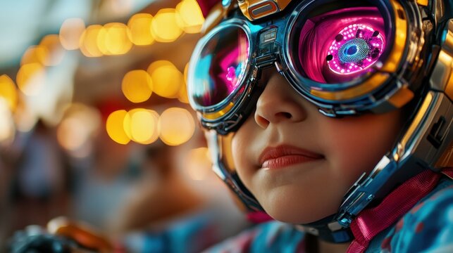A stylish child wearing futuristic goggles stands amid glowing bokeh lights, exuding a sense of wonder and excitement, symbolizing youthful imagination and the future of technology.