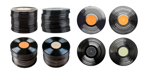 Vintage Vinyl Records Collection Display, set collection, mega bundle, isolated on transparent background