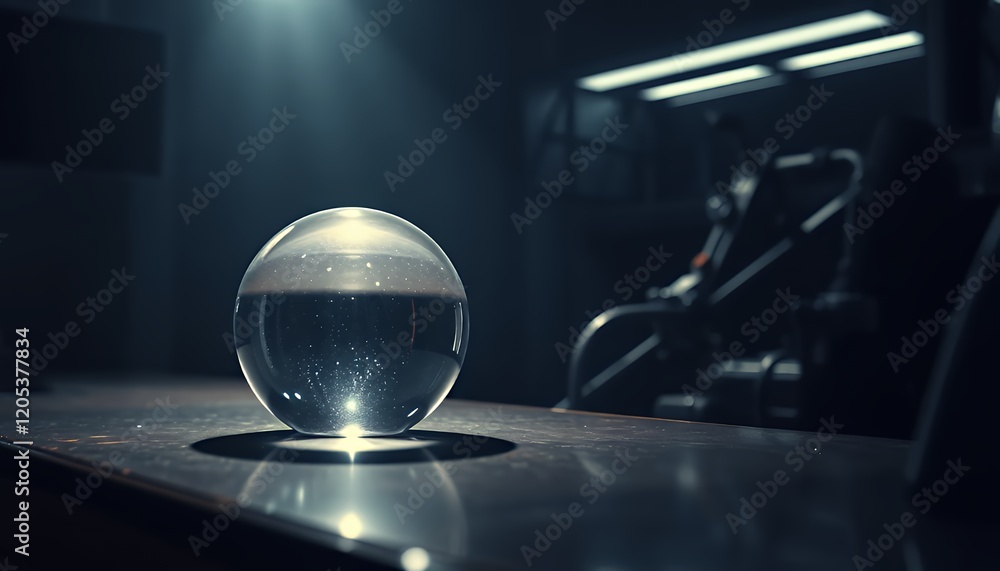 Poster mysterious crystal ball on a dark table in a technological setting