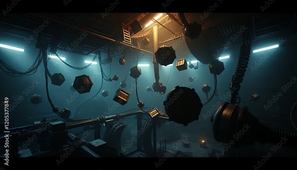 Poster mysterious dark industrial environment with glowing voxel objects