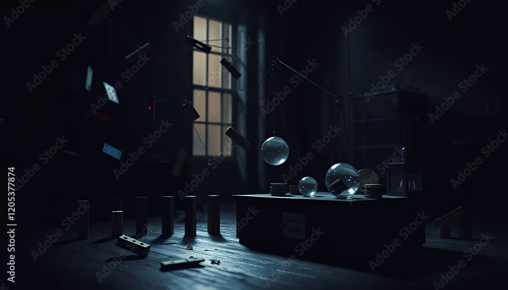 Poster mysterious dark room with levitating objects and enigmatic atmosphere: a surreal 3d render