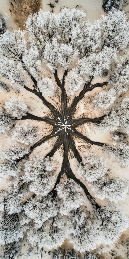 Poster above capturing the intricate patterns of a tall pine tree cloaked in fresh winter snow