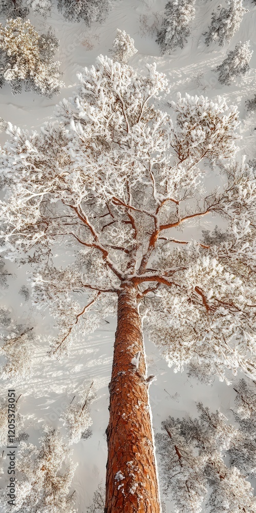Poster above capturing the intricate patterns of a tall pine tree cloaked in fresh winter snow