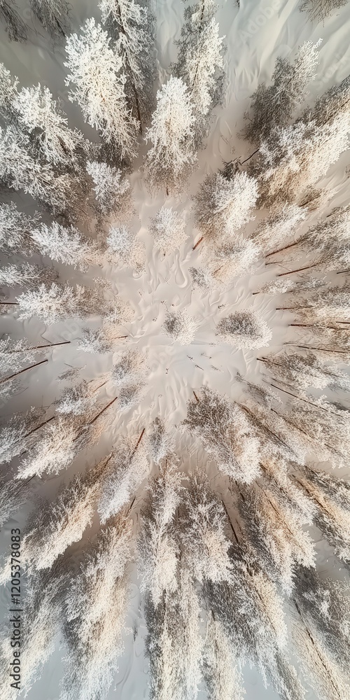 Poster above capturing the intricate patterns of a tall pine tree cloaked in fresh winter snow