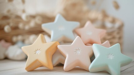 Cute star for nursery, featuring small wooden stars painted in pastel colors, perfect for creating a dreamy and soothing environment