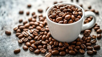 Coffee beans spilled out of white ceramic cup as abstract background, top view.