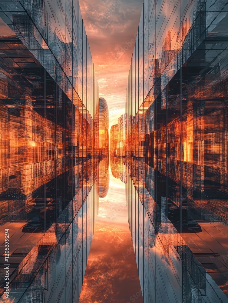 Poster captures the mirrored surfaces of architecture bending light into mesmerizing patterns of distortion