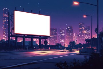 Blank billboard at night in a vibrant Asian city.
