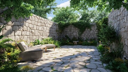 A sunlit, secluded luxury courtyard featuring weathered stone walls and comfortable rattan furniture, suitable for real estate listings or high-end.
