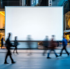 Obraz premium Blank billboard in city with blurred pedestrians. (1)