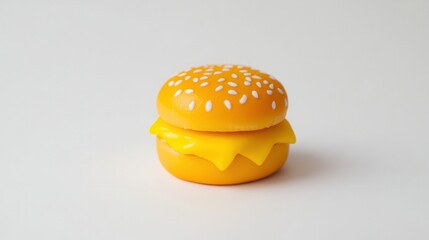 A vibrant yellow hamburger topped with a delicious cheeseburger, showcasing a colorful and enticing fast-food creation.