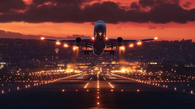 Airplane taking off at sunset over cityscape, illuminated runway, and vibrant sky