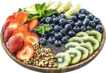 Vibrant fruit bowl with strawberries, blueberries, kiwi, melon, walnuts & chia seeds.