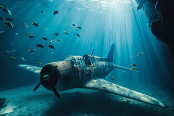 Historic aircraft underwater. Sunken military plane.  Sunken WWII plane underwater