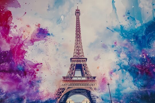 Artistic watercolor of the eiffel tower  a dreamy blend of vibrant colors and architectural elegance