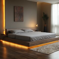 Modern bedroom, platform bed, warm lighting, wooden floor.