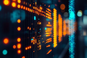 Close up of digital financial chart with candlestick patterns in vibrant modern environment