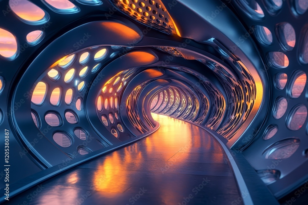 Poster futuristic tunnel structure with web like design and warm lighting creating a sense of depth