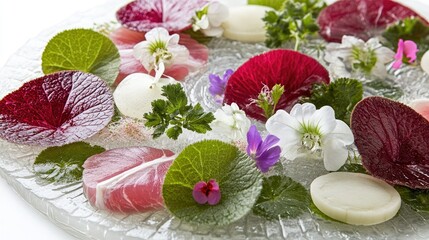 A beautifully arranged sashimi platter featuring slices of Turbo marmoratus meat, garnished with daikon radish, shiso leaves, and edible flowers