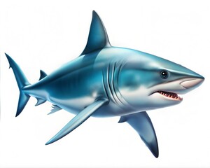 Fototapeta premium Great white shark illustration on white background, powerful marine predator with sharp teeth, realistic blue shark character for educational design