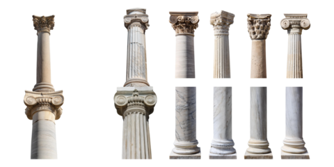Set of ancient Greek or Roman stone columns isolated on transparent background