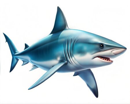 Great white shark illustration on white background, powerful marine predator with sharp teeth, realistic blue shark character for educational design