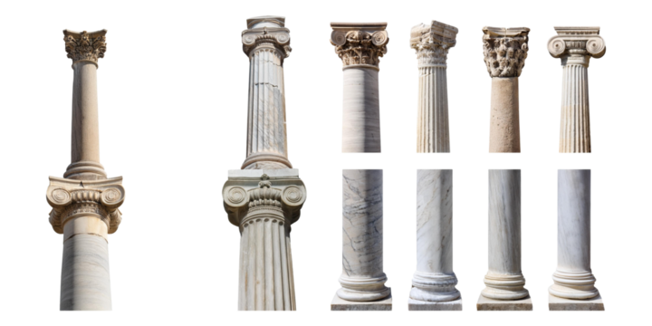 Set of ancient Greek or Roman stone columns isolated on transparent background