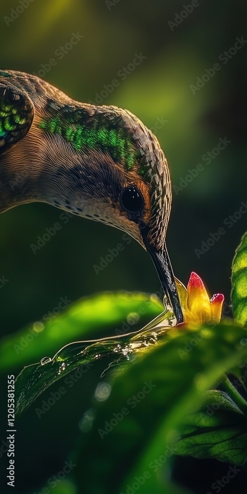 Poster resolution, with every detail of its delicate feathers and tiny beak visible as it sips nectar