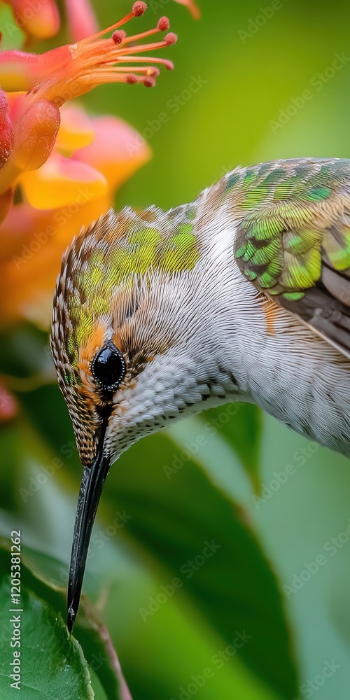 Poster resolution, with every detail of its delicate feathers and tiny beak visible as it sips nectar