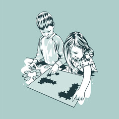 Vintage Vector Illustration Of Kids Playing Puzzle _ 01