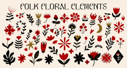 Photo sur Plexiglas Abstract folk plant shapes and forms vector illustration set for design. Different types of flowers and leaves silhouette decorative elements kit. Large collection of botanical ethnic scandi stickers