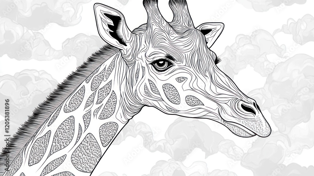 Poster detailed line drawing of a giraffe head with abstract clouds in the background showcasing intricate 