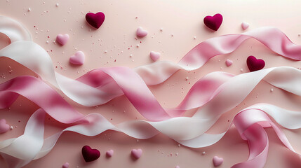 Colorful ribbons and hearts create a festive decoration for celebrations and romantic occasions