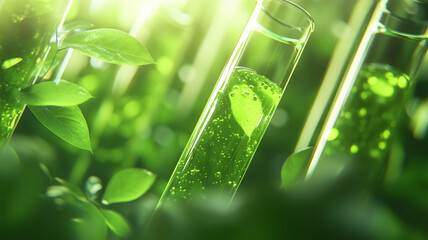 緑の液体と葉が入った試験管のクローズアップ